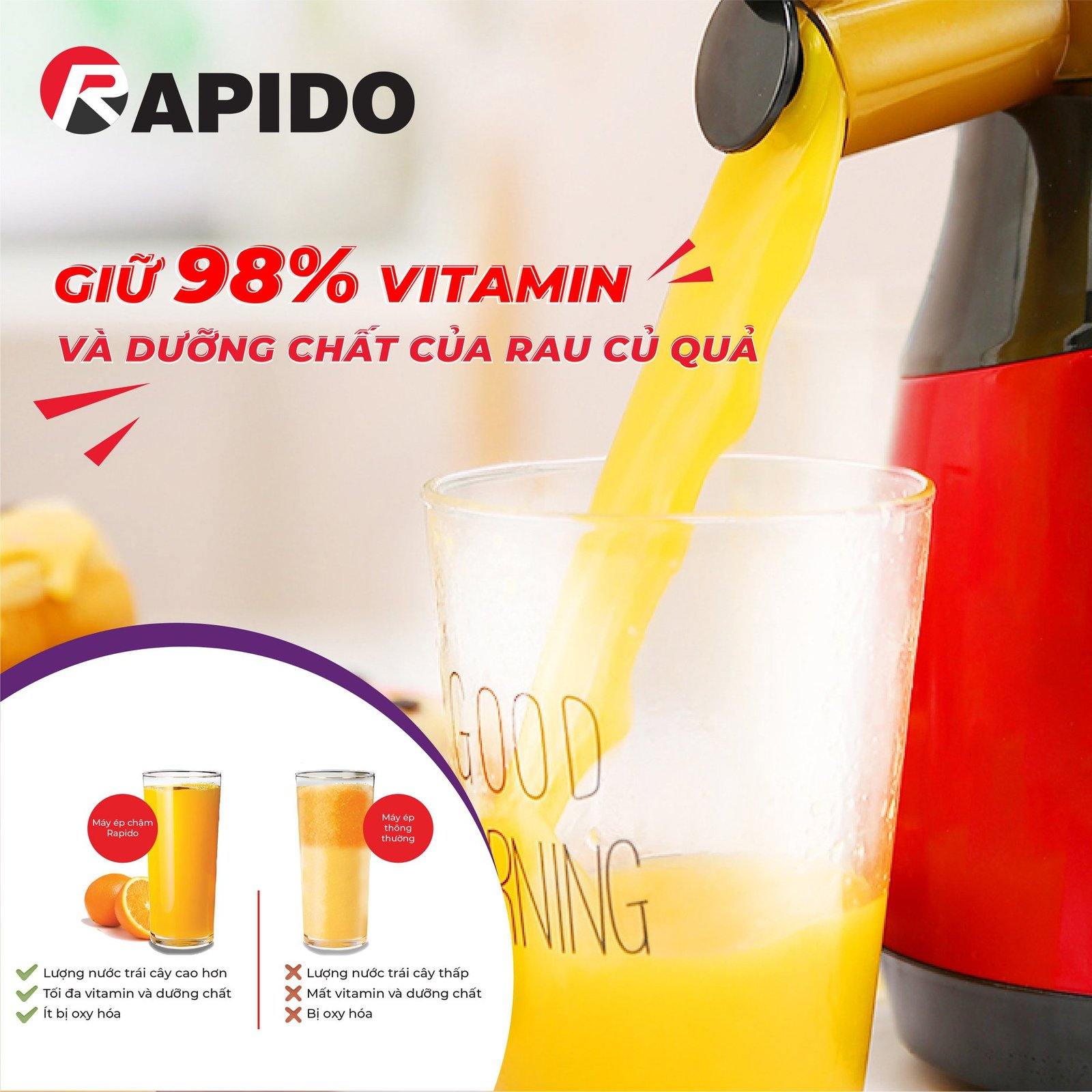 Máy ép chậm Oddo RSJ150 cho bạn những ly nước đảm bảo dinh dưỡng tốt lành