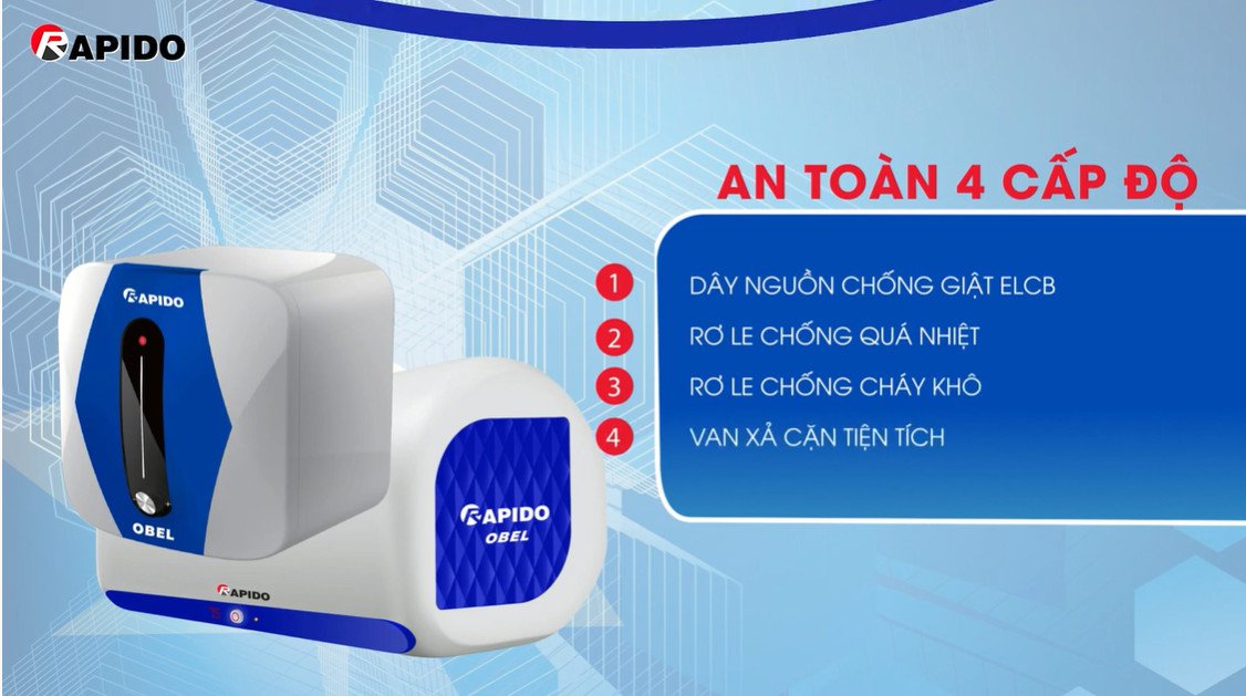 Bình nước nóng Oddo Obel RON-AD 9 4 cấp độ bảo vệ: Bộ chống giật ELCB - Rơ le chống quá nhiệt - Rơ le chống cháy khô - Van an toàn bảo vệ tuyệt đối.