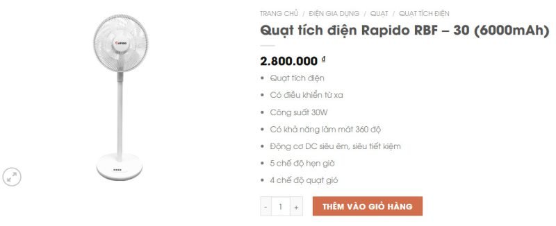 Quạt tích điện Oddo RBF – 30 (6000mAh)